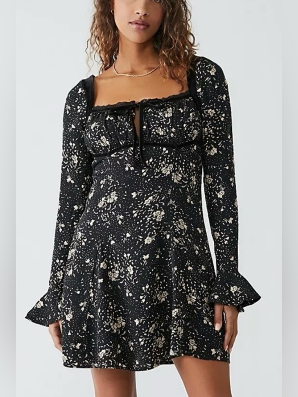 Free People Black Cream Floral Long-Sleeve  Dress mini dress velvet trim